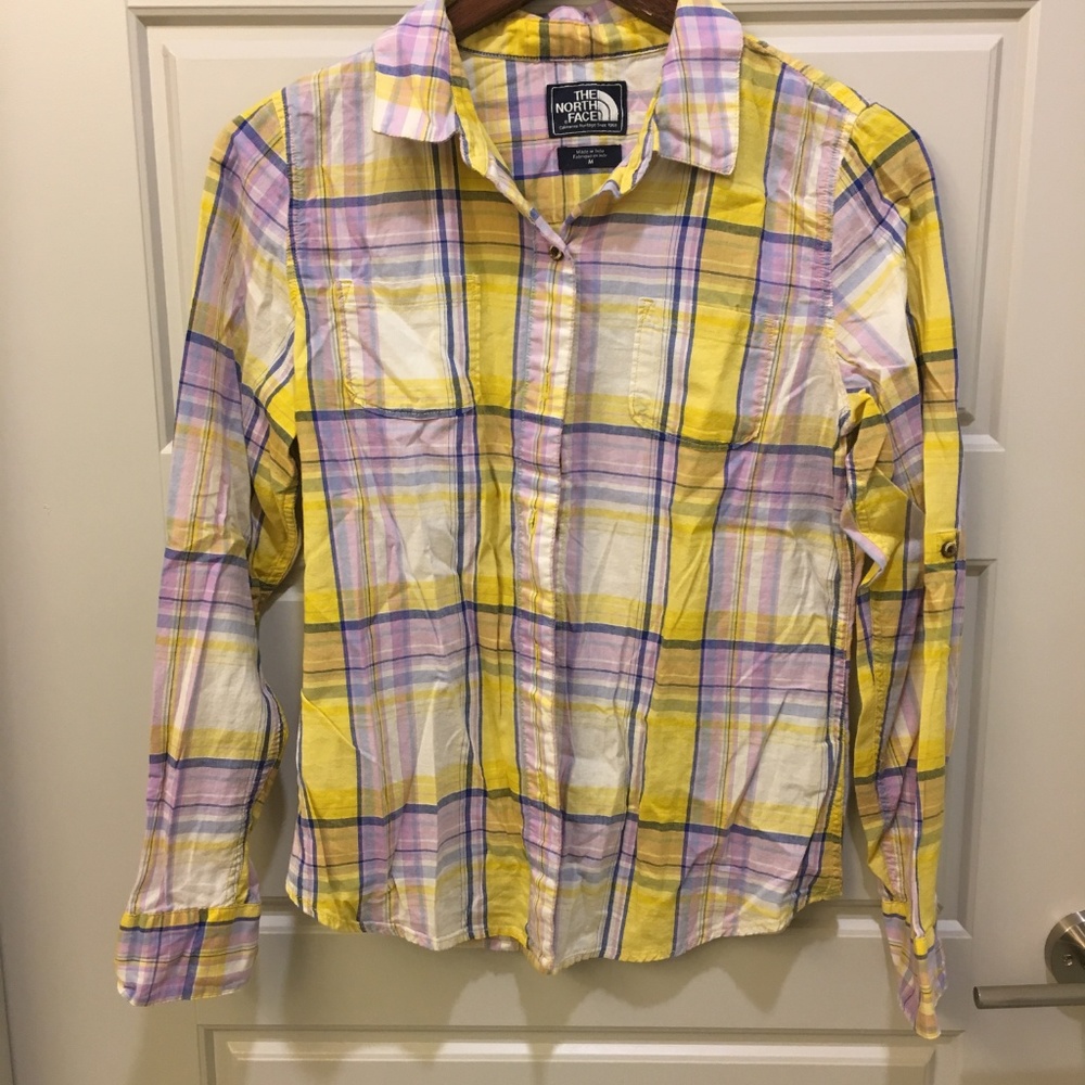 The North Face Yellow Purple Plaid Button Up Top M